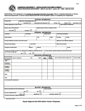 Cameron University Employment Application