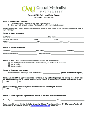 Parent PLUS Loan Data Sheet