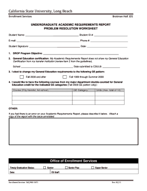 California State University Long Beach Academic Requirements Problem Resolution Worksheet