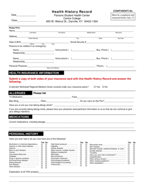 Health History Record Form