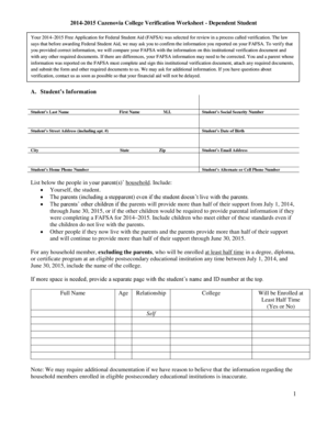 2014-2015 Cazenovia College Verification Worksheet