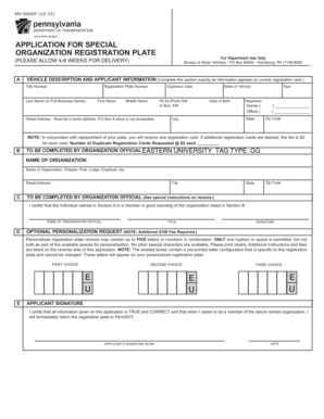 Pennsylvania Special Organization Registration Plate Application