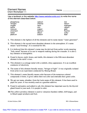 Element Names Worksheet