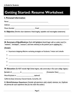 Resume Worksheet for Students