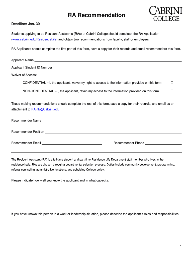 Fillable Online Cabrini RA Recommendation Cabrini College Fax Email