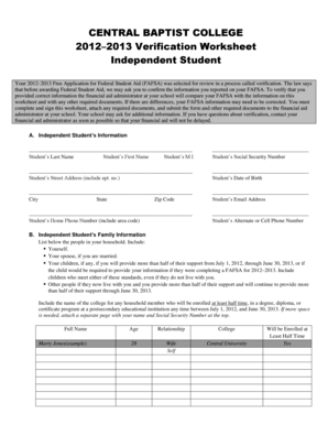 2012–2013 Independent Student Verification Worksheet