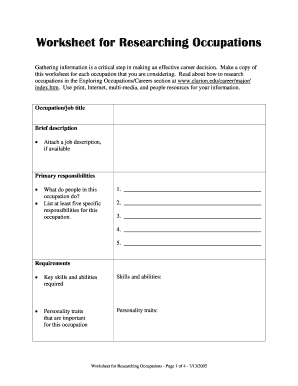 Worksheet for Researching Occupations
