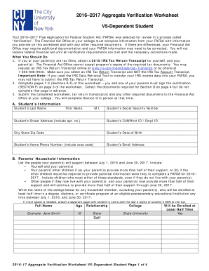 2016-2017 Aggregate Verification Worksheet V5-Dependent Student