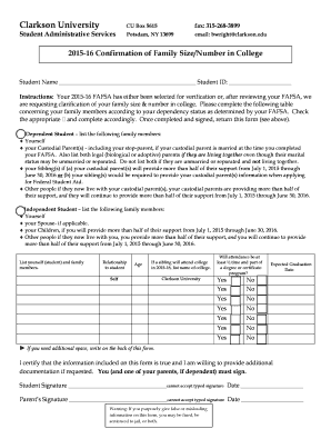 2015-16 FAFSA Family Size Confirmation Form