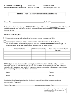 Student Non-Tax Filer’s Statement of 2014 Income