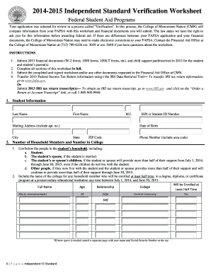 2014-2015 Independent Verification Worksheet