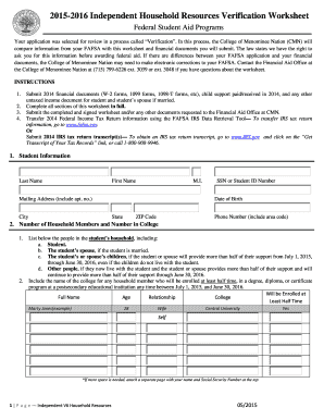 2015-2016 Independent Household Resources Verification Worksheet