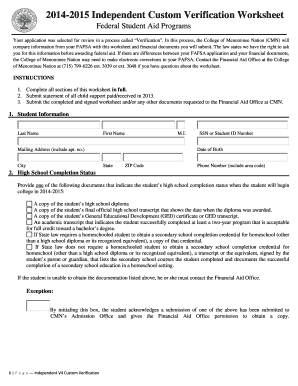 2014-2015 Independent Verification Worksheet