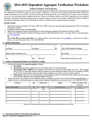 2014-2015 Dependent Aggregate Verification Worksheet