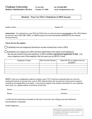 Student Non-Tax Filer’s Statement of 2014 Income