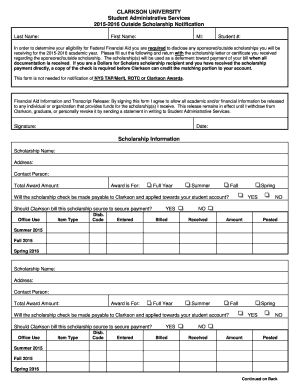 Clarkson University Outside Scholarship Notification