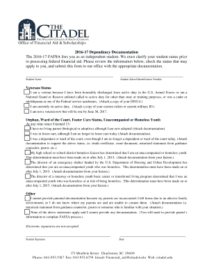 2016-17 FAFSA Dependency Documentation Form