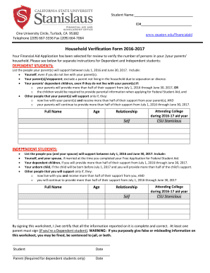 Household Verification Form 2016-2017