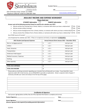 2016-2017 Income and Expense Worksheet