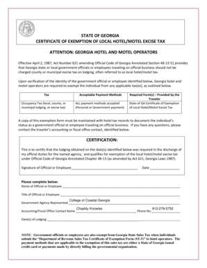 Georgia Local Hotel/Motel Tax Exemption Certificate