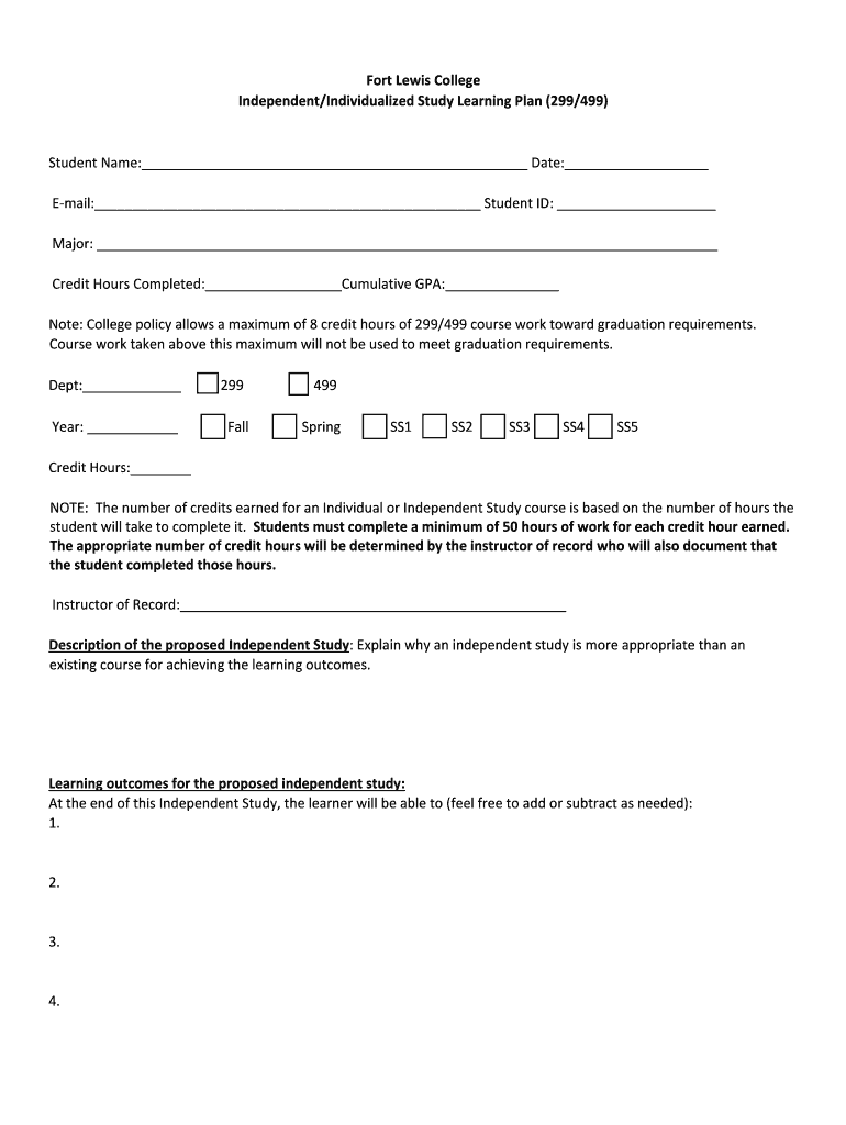 Fillable Online fortlewis IndependentIndividualized Study Learning Plan ...