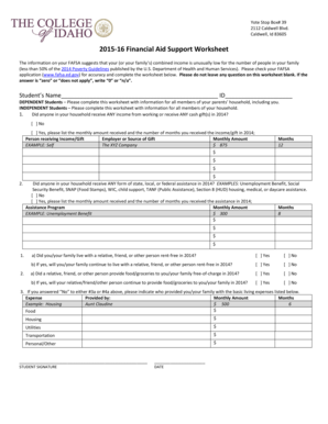 2015-16 Financial Aid Support Worksheet