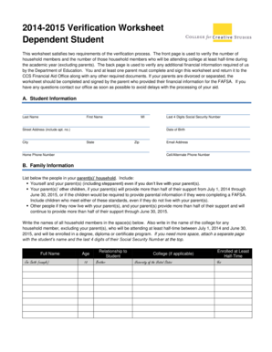 2014-2015 Verification Worksheet for Dependent Student