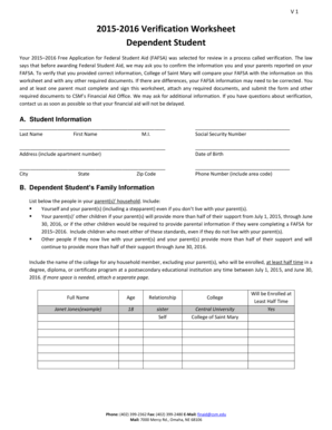 2015-2016 Verification Worksheet for Dependent Student