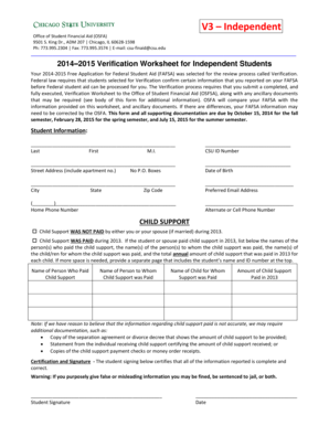2014-2015 Verification Worksheet for Independent Students