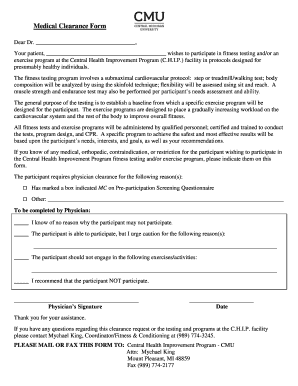 Medical Clearance Form for Fitness Testing