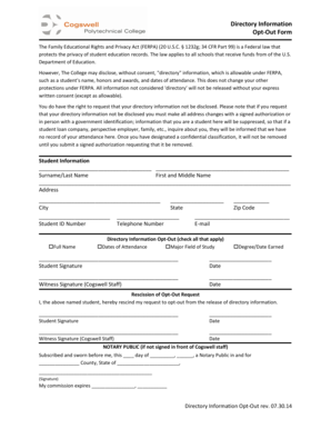 FERPA Directory Information Opt-Out Form