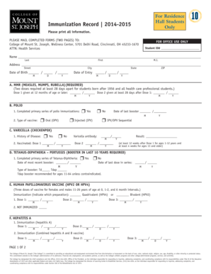 College of Mount St. Joseph Immunization Record