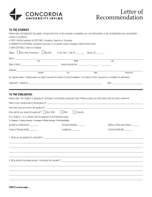 Letter of Recommendation for Concordia University Irvine