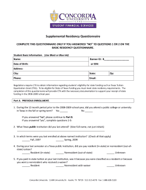 Supplemental Residency Questionnaire