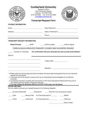 Cumberland University Transcript Request Form