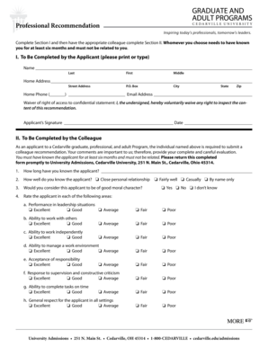 Cedarville University Professional Recommendation Form