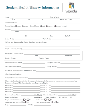 Student Health History Information Form