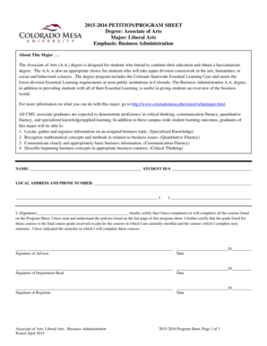 Associate of Arts Liberal Arts Business Administration Program Sheet