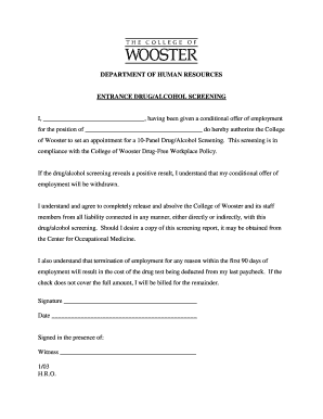 Entrance Drug/Alcohol Screening Authorization