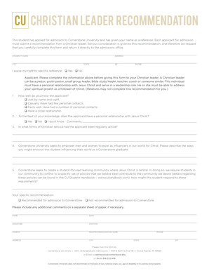 Cornerstone University Christian Leader Recommendation Form