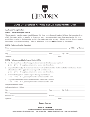 Dean of Student Affairs Recommendation Form
