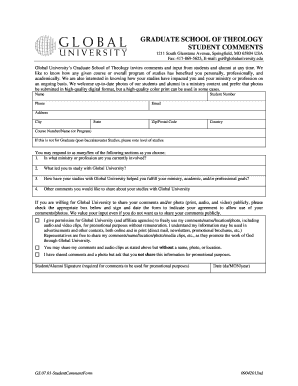 Graduate School of Theology Student Comment Form