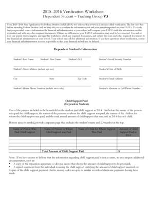2015–2016 Verification Worksheet for Dependent Student