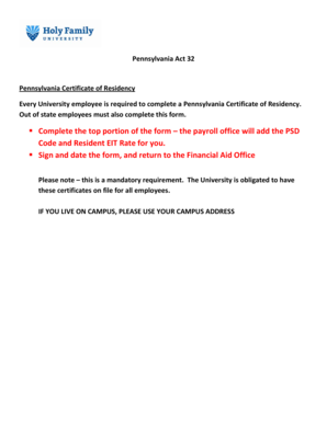 Pennsylvania Certificate of Residency