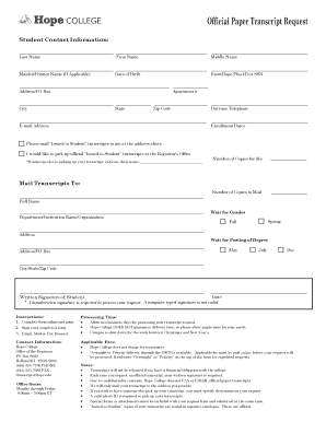 Hope College Transcript Request Form