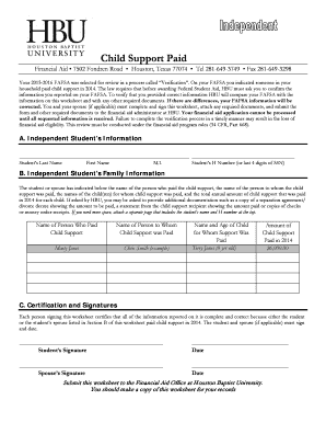 FAFSA Child Support Verification Worksheet
