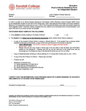 Illinois Residency Proof Form for Independent Students