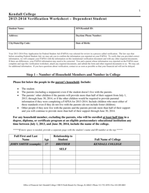 2013-2014 Verification Worksheet – Dependent Student