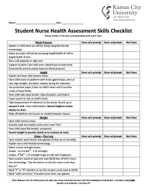 Student Nurse Health Assessment Skills Checklist