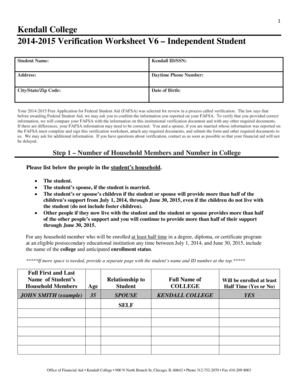 Kendall College Verification Worksheet